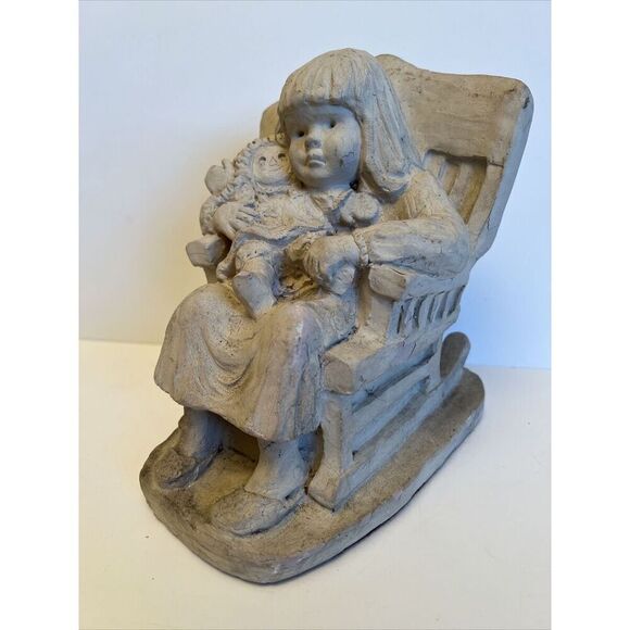 Austin Sculpture Girl & Babydoll In Rocking Chair Figurine Neutral 80s Collector - Picture 1 of 13